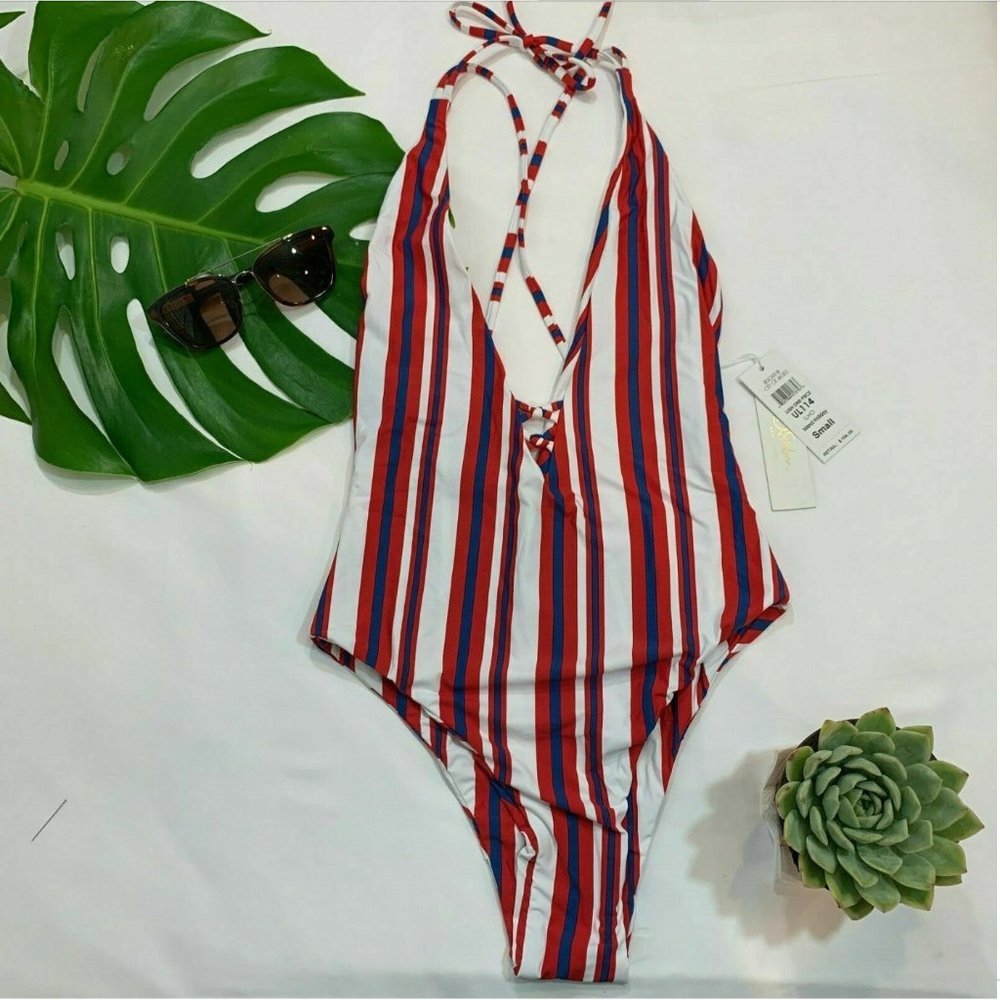NWT B. Swim [ Small ] Lush Deep Plunge Stripe One‎ Piece Swimsuit White Red Blue